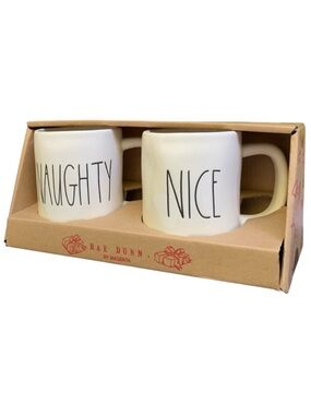 Rae Dunn NAUGHTY NICE Mug Set of 2 White Black Large Letters New 2017 OG